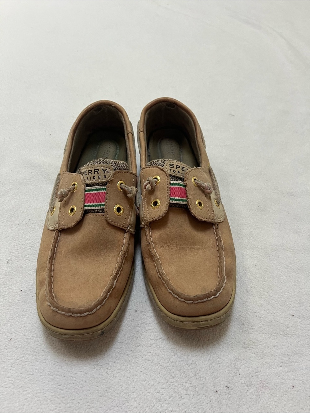 Sperry Top-Sider Women’s Tan Leather Boat Shoes Pink Green Accent size 8